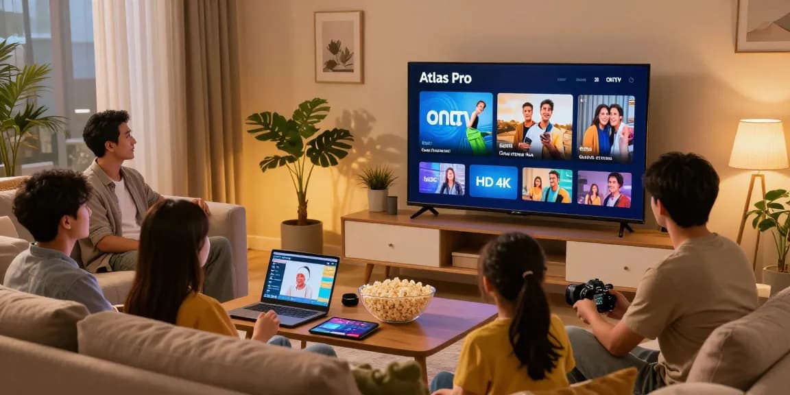 Une famille profitant d'Atlas pro ontv en soirée devant leur TV, ambiance chaleureuse et moderne.