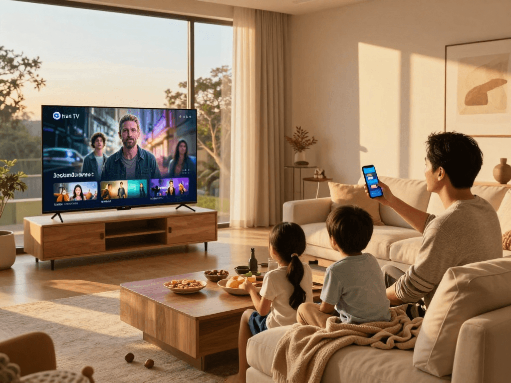 Famille profitant de l'expérience Iron TV sur leur Smart TV avec ambiance chaleureuse