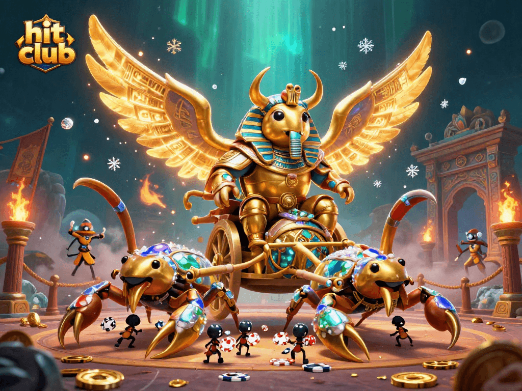 Experience the excitement of hit club with a vibrant scene of a colossal scarab beetle and casino elements.