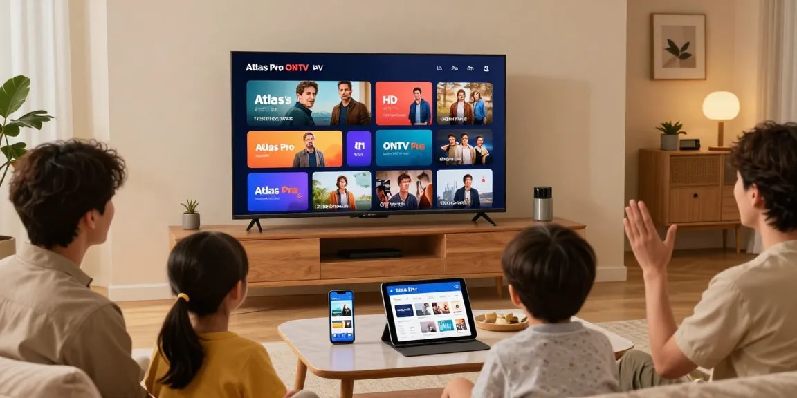 Famille profitant de l'expérience de l'Atlas pro ontv en regardant des films et des séries en HD.