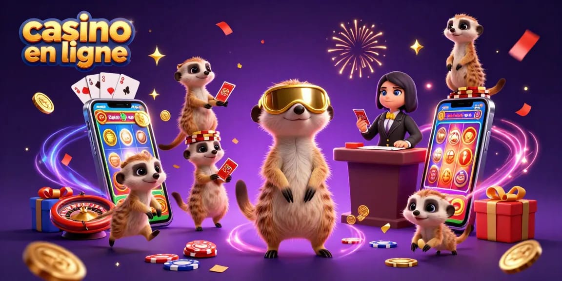 Jouer au casino en ligne avec des meerkats animés dans un cadre festif de casino.