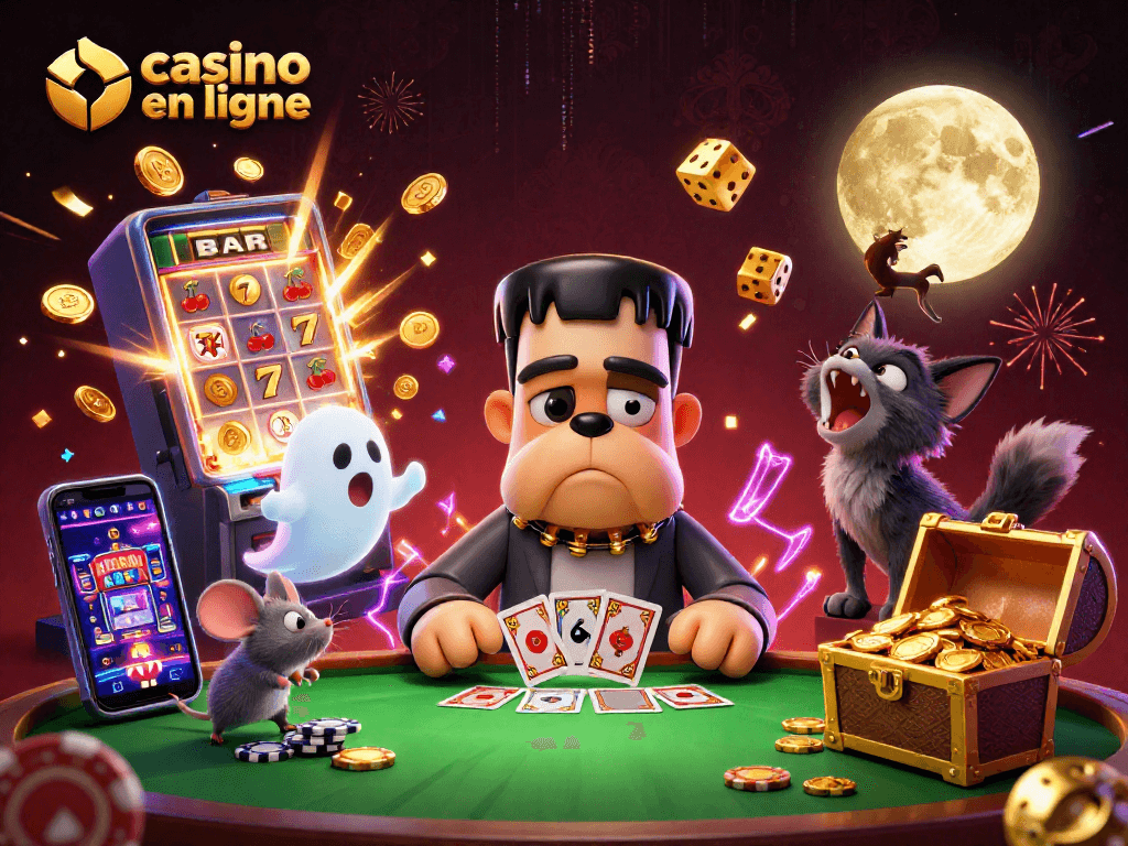 Profitez d'une séance de casino en ligne avec un bulldog Frankenstein distribuant des cartes, entouré de jeux et de trésors.