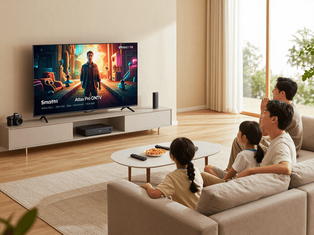 La famille profitant de l'application Atlas Pro dans un salon moderne avec un écran TV affichant des films.