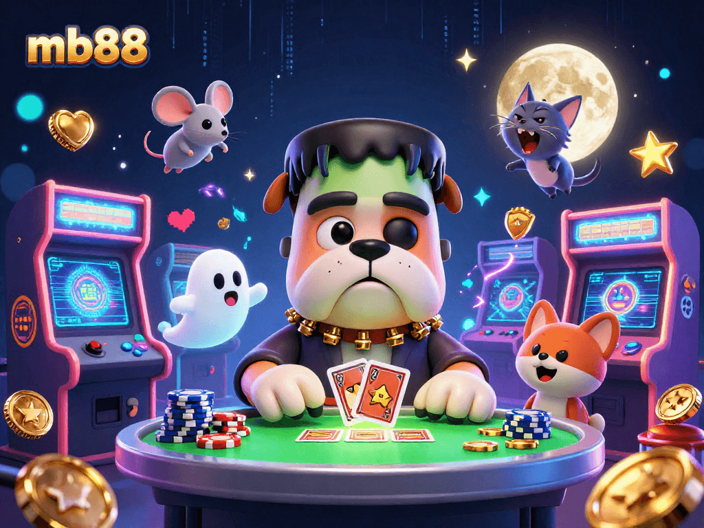 Win big with mb88 in this lively casino scene featuring unique characters and dynamic gaming elements.